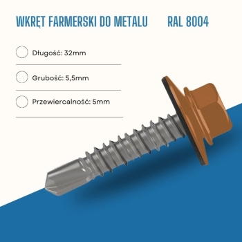 Wkręt farmerski do metalu 5,5X32 mm przewiercalność 5 mm w kolorze RAL 8004